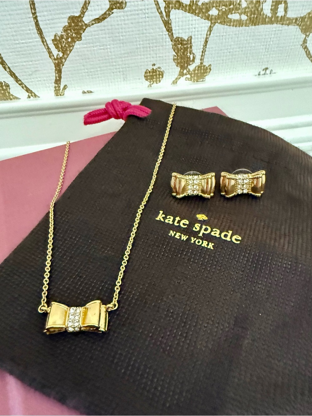 Kate Spade Moon River Bow Pavé Necklace & Earrings Set Gold